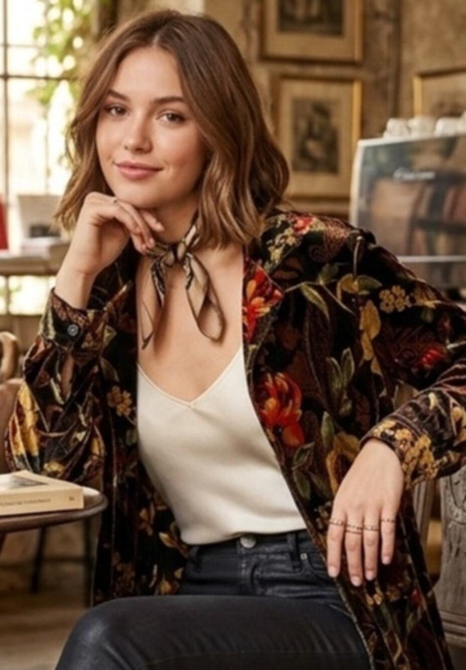 Sag Harbor Moody Colors Rose Print Velvet Button Up Blouse or Layering Shacket